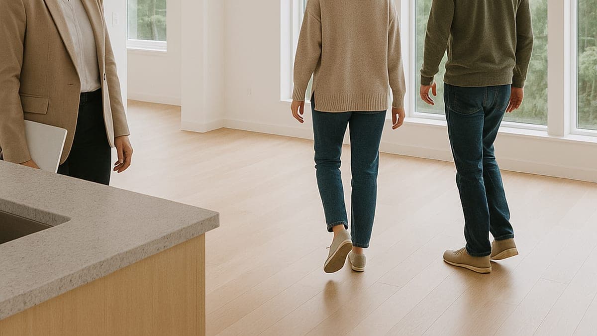 A real estate agent stands back near the kitchen island while a couple walks ahead toward the windows of a bright Pacific Northwest home