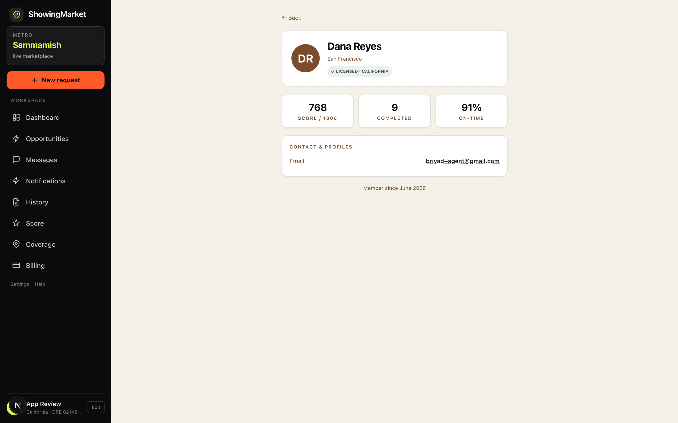 A public agent profile with live-computed score, completions, and on-time rate