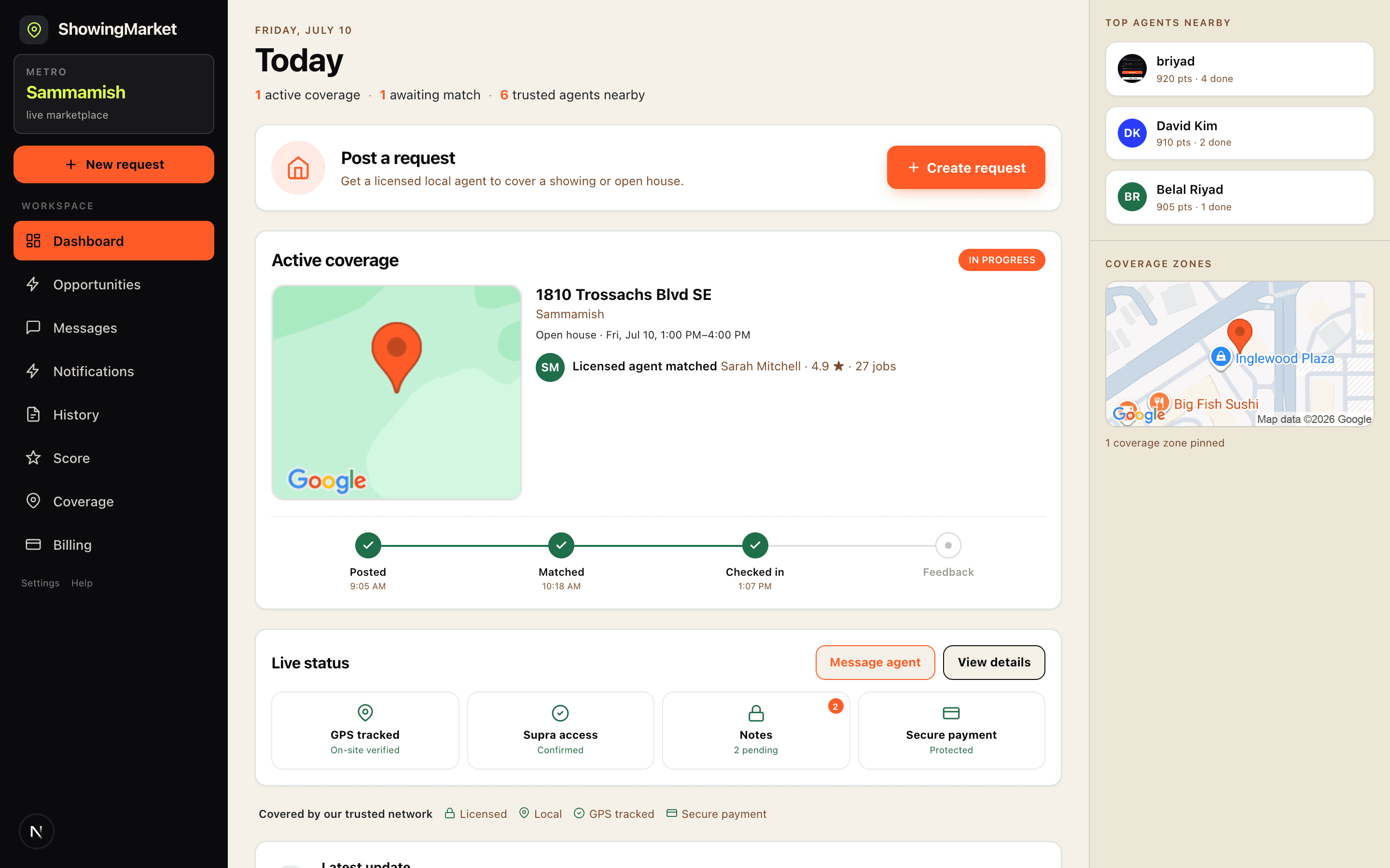 ShowingMarket dashboard tracking an in-progress open house: matched licensed agent, posted-to-feedback timeline, live GPS and payment status