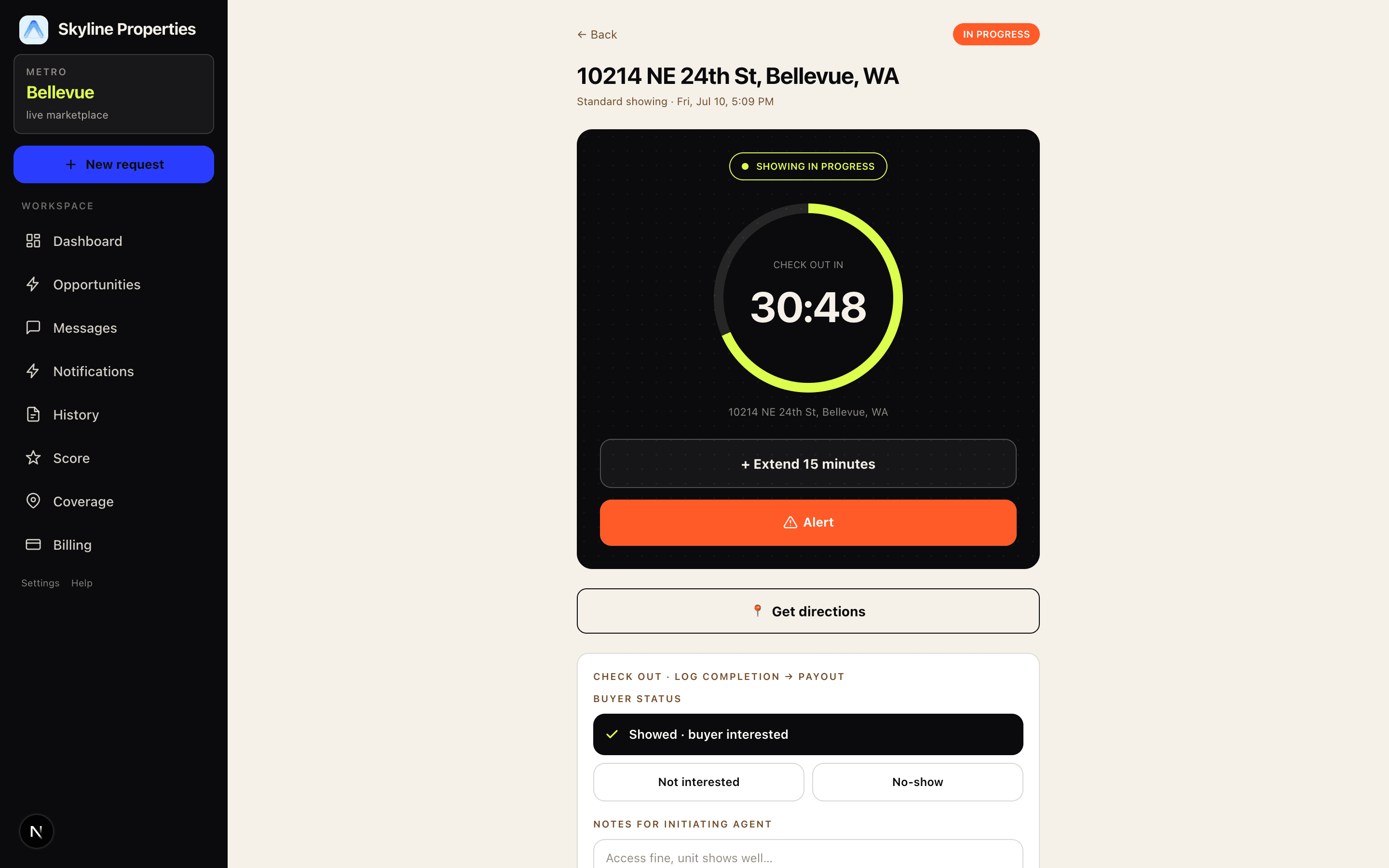 An in-progress ShowingMarket job with GPS check-in confirmed, safety timer counting down, and the check-out flow