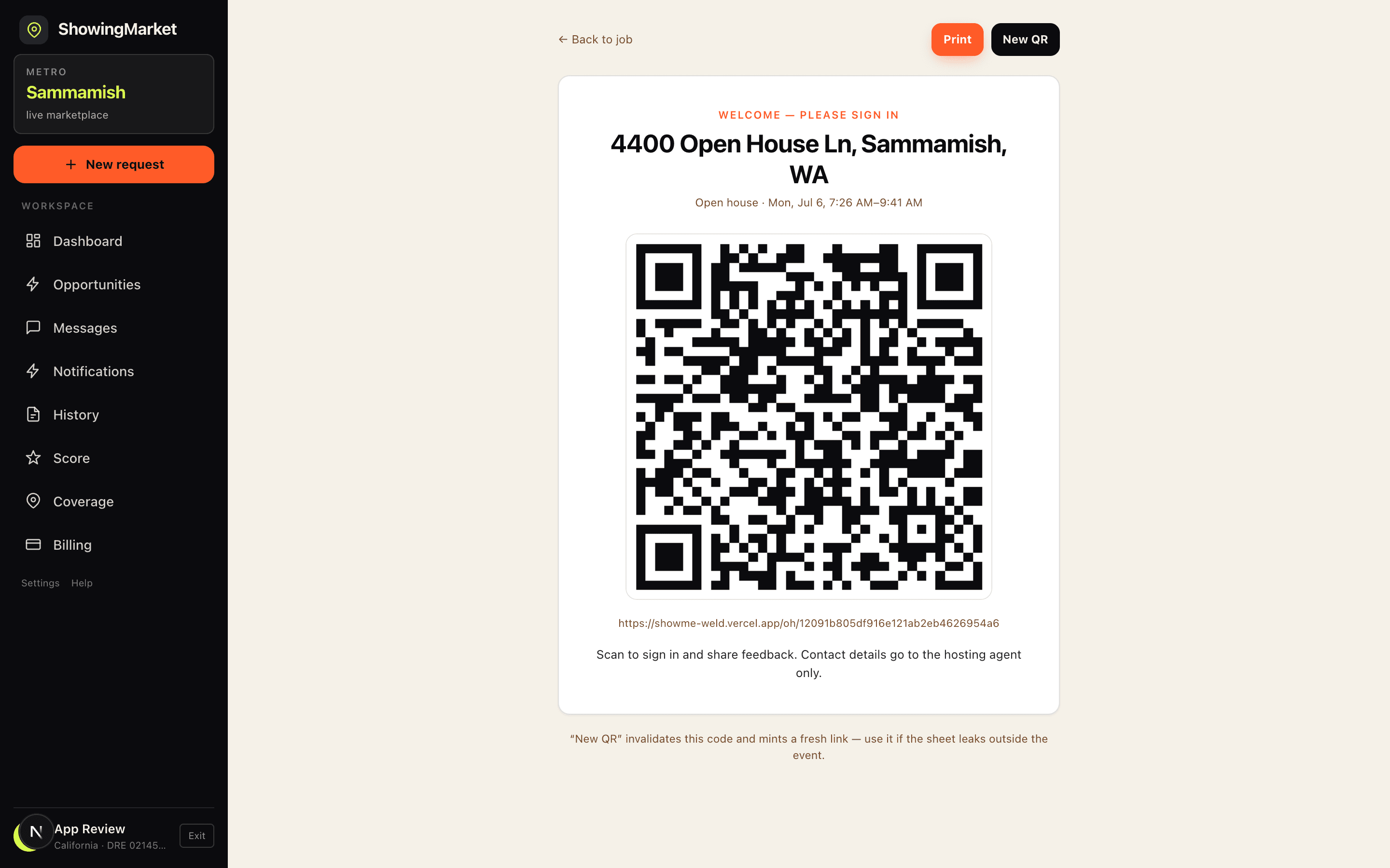 Printable QR sign-in sheet for an open house, showing the property address and scannable code