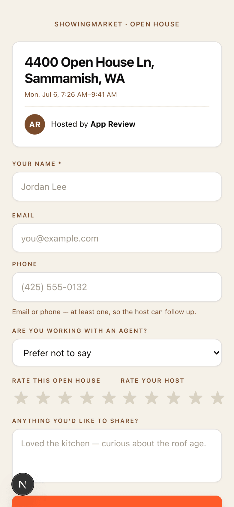 Attendee sign-in form on a phone: name, contact, star ratings, and comments